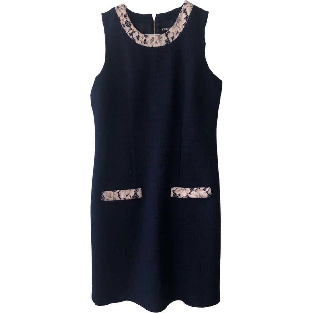 Karl Lagerfied Women’s Sheath Dress 4 Navy Zipper Sleeveless Lined Lace Career